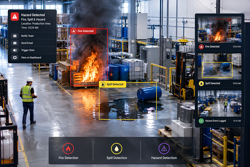 Live hazard detection identifying fire and people in surveillance footage