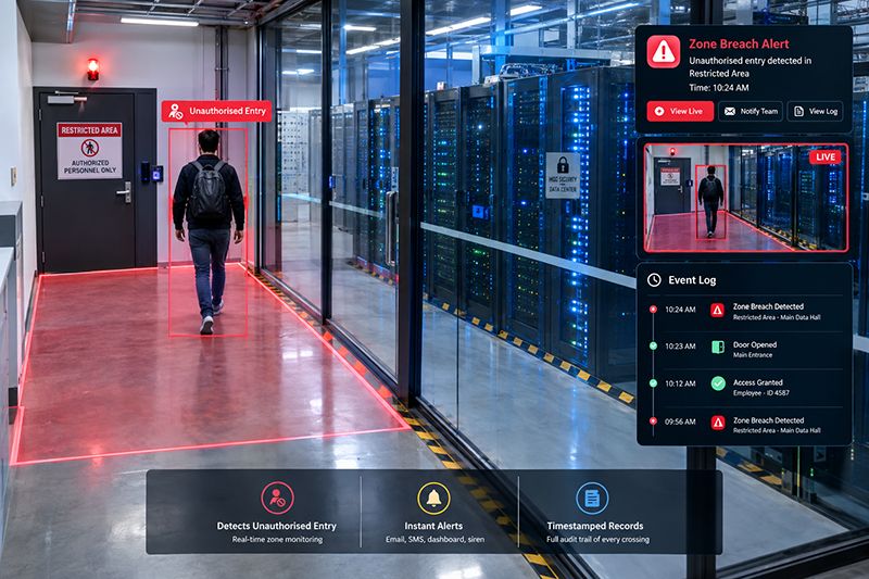Illustrative six-camera monitoring view with live zone detections