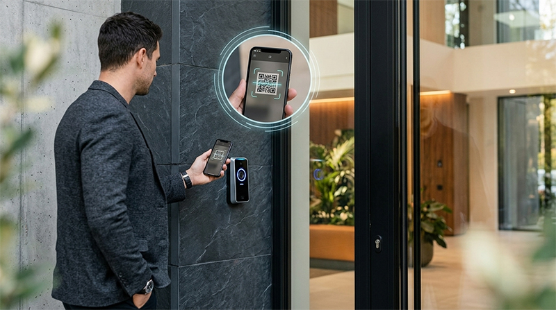 Visitor scanning a QR code at an entrance checkpoint